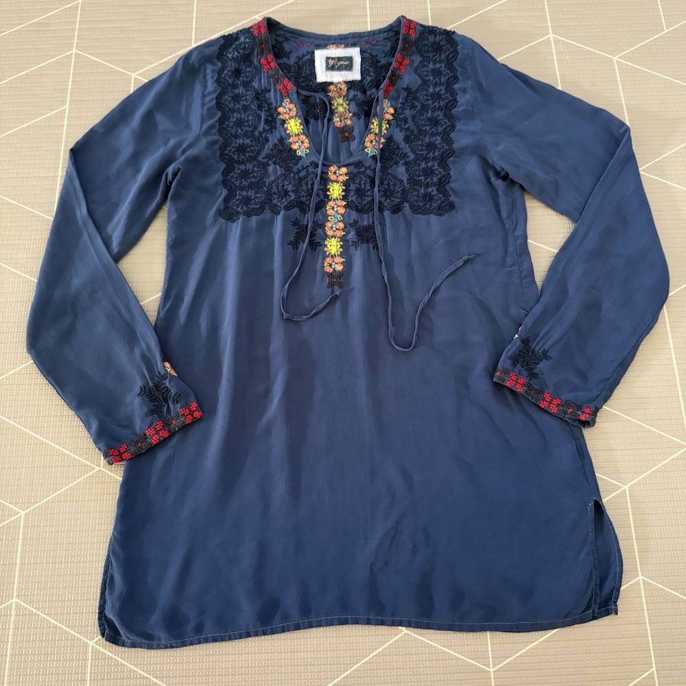 Biya Johnny Was Blue Tunic Size Small 100%‎ Silk Embroidered Sheer